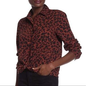 Beachlunchlounge Alanna Boho Leopard Long Sleeve Button Down Blouse Top Medium